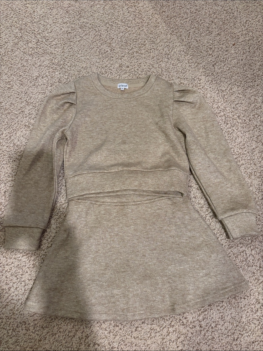 Pleat Beige Knit Puff-Sleeve Girls top & skirt set